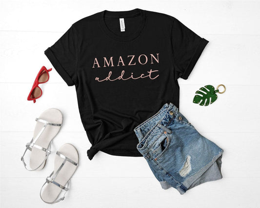 Amazon Addict Black Bella T-shirt with Rose Gold Metallic Print Cotton Comfy T-Shirt