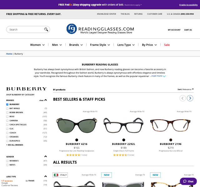 Burberry Reading Glasses and Frames 