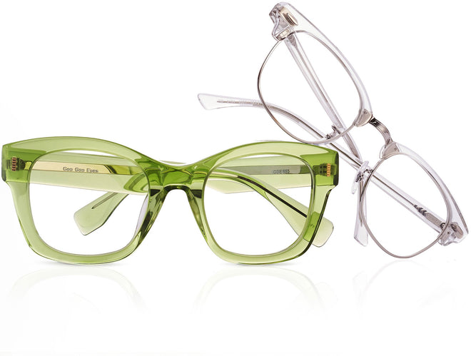 A pair of clear green reading glasses
