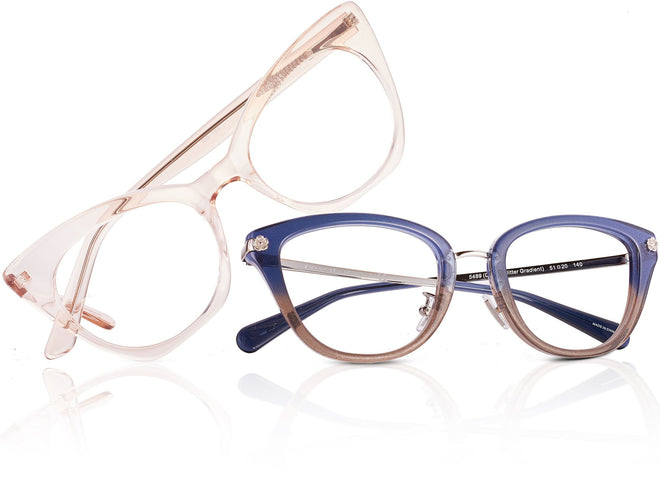 A pair of multi-colored cat-eye reading glasses for women