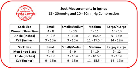 Compression Socks Canada sizing chart in inches