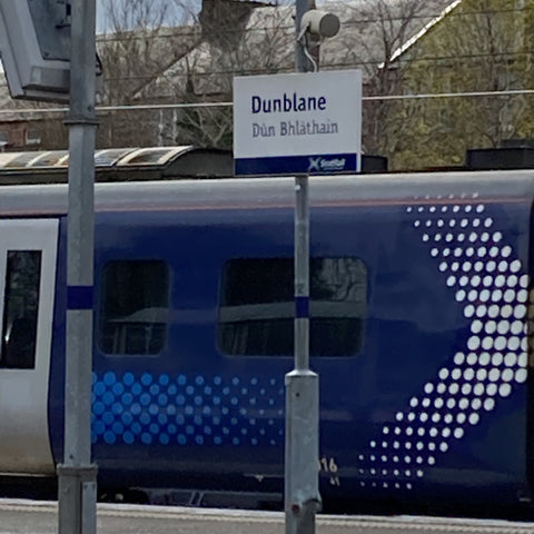Dunblane train station with train waiting
