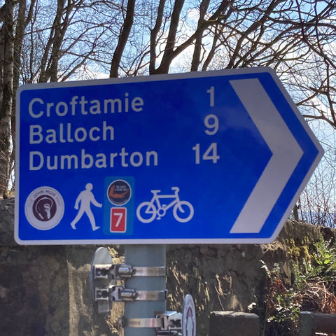 Cycle route 7  sign showing Croftamie 1 Mile, Balloch 9 miles and Dumbarton 14 miles