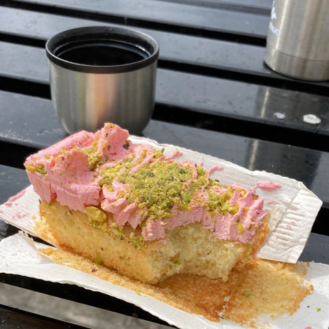 Rosewater lemon and pistachio cake and a cup of tea