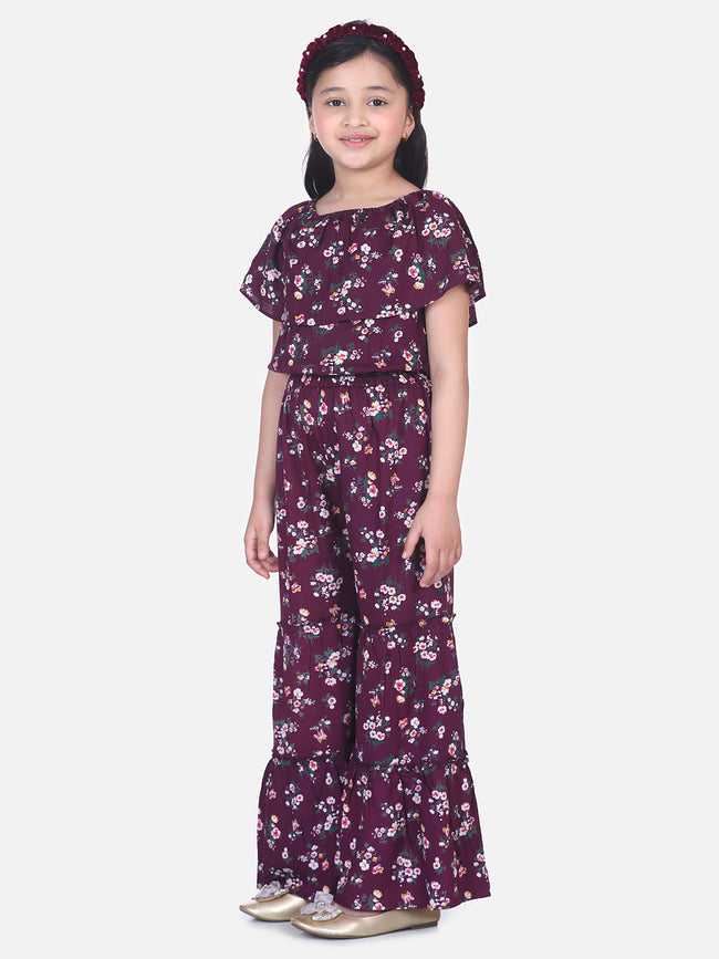 Wine Floral Flared Pant Coordinated Clothing Set