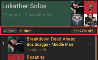 Playlist has new buttons Previous, Next, and Randomize