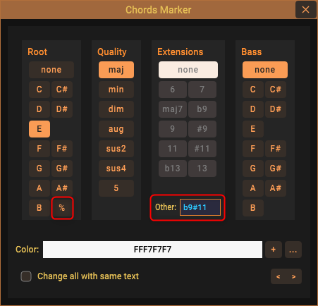 Enter specific chord extension as text; repeat measure symbol