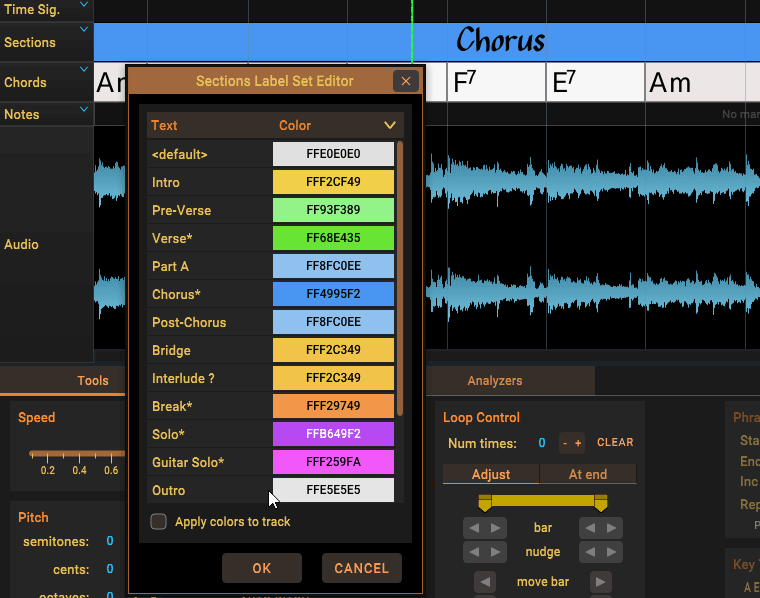 Label set editor - double-click text to change, click color to change