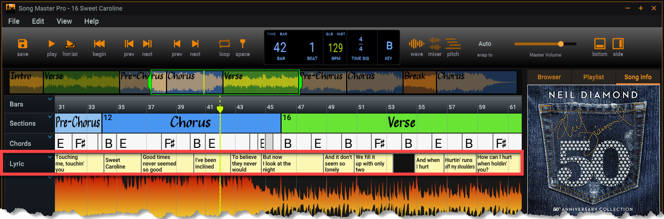 Lyric track displays and edits lyrics