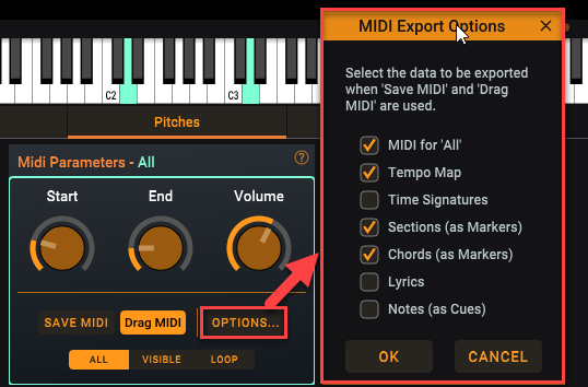 The Midi Parameters sub-panel is used to control the midi layer