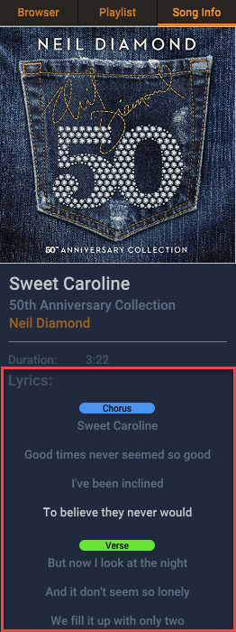 Scrolling lyrics are displayed in the Side Info tab