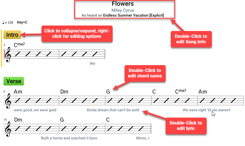 Song Sheet editing options