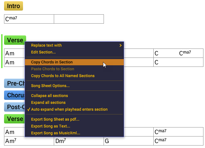 Right-click Section to copy all chords