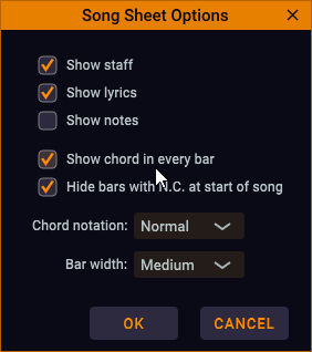 Song Sheet Option dialog