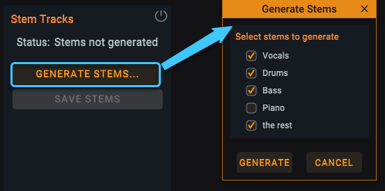 Click the Generate stems button to select tracks to generate