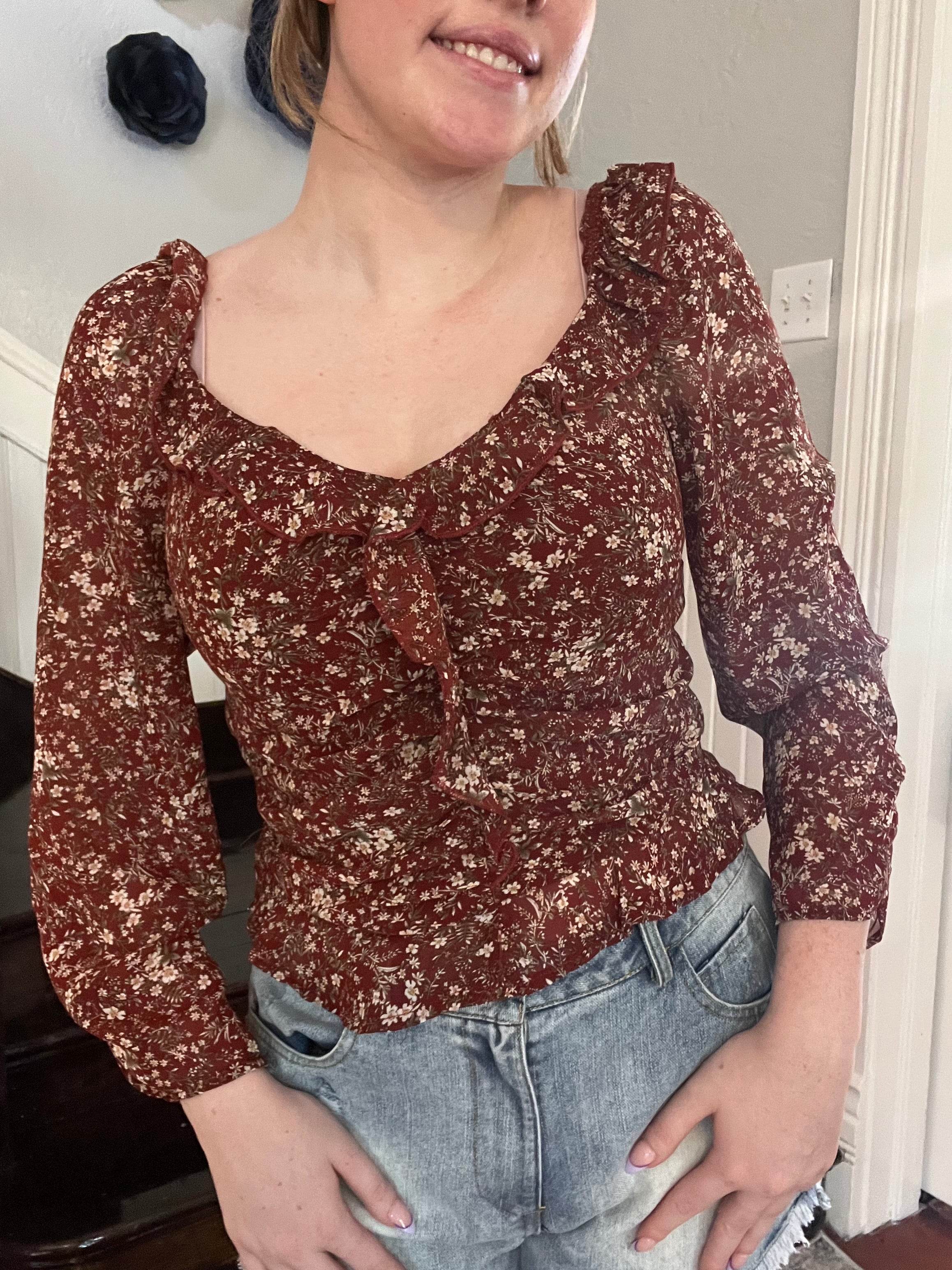 Burgundy Floral Long Sleeve Top