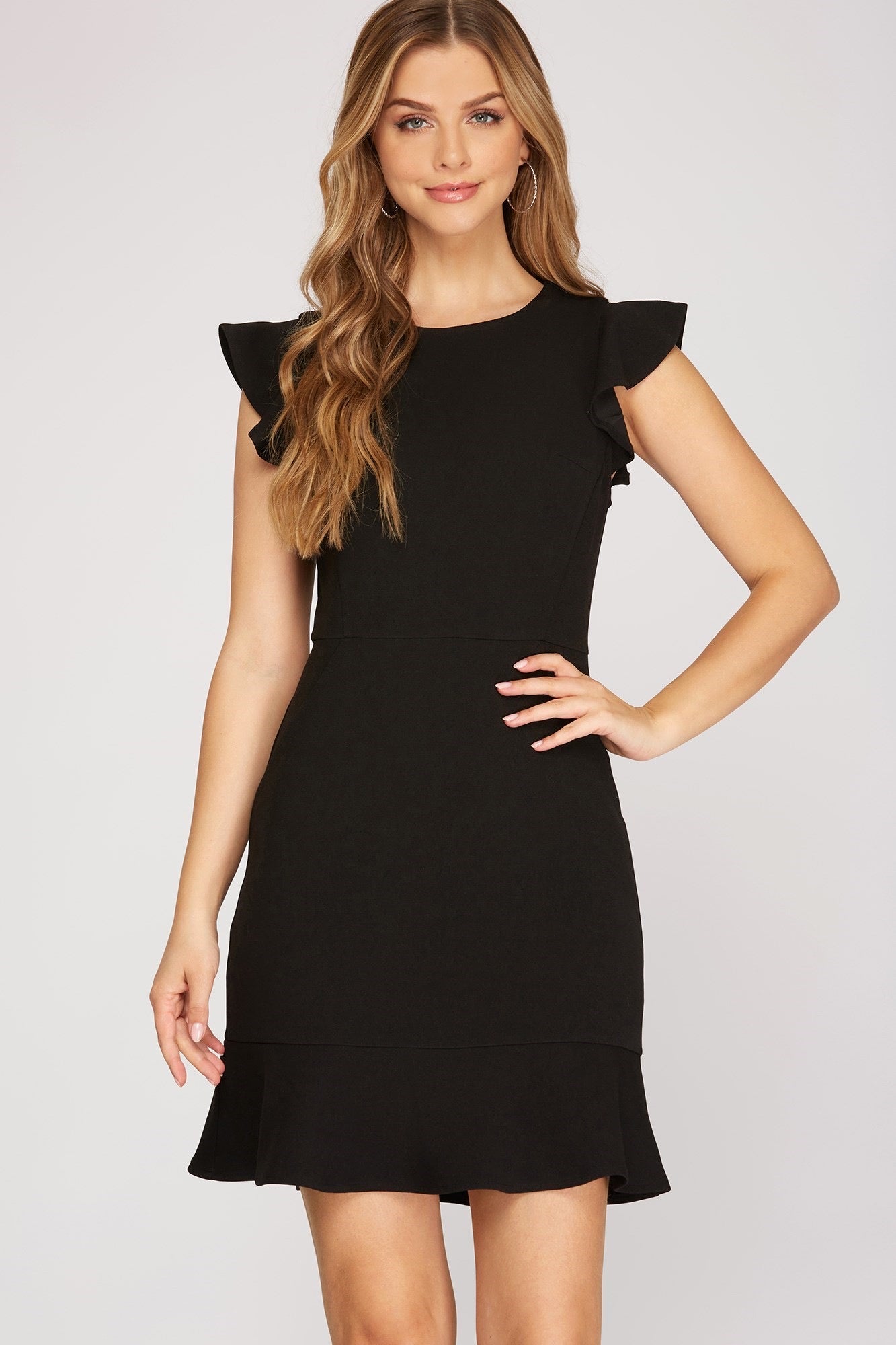 Black Ruffle Cap Sleeve Dress