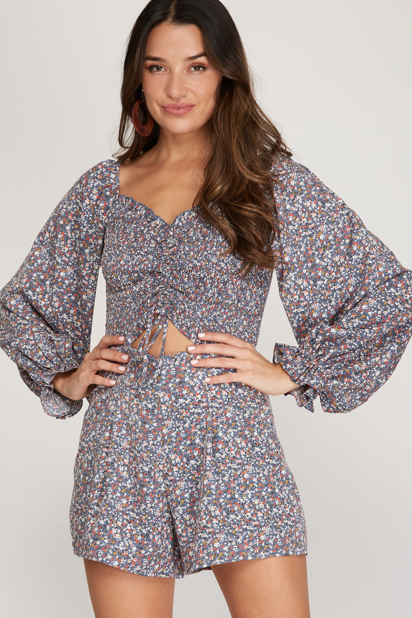 Blue Floral Long Sleeve Romper