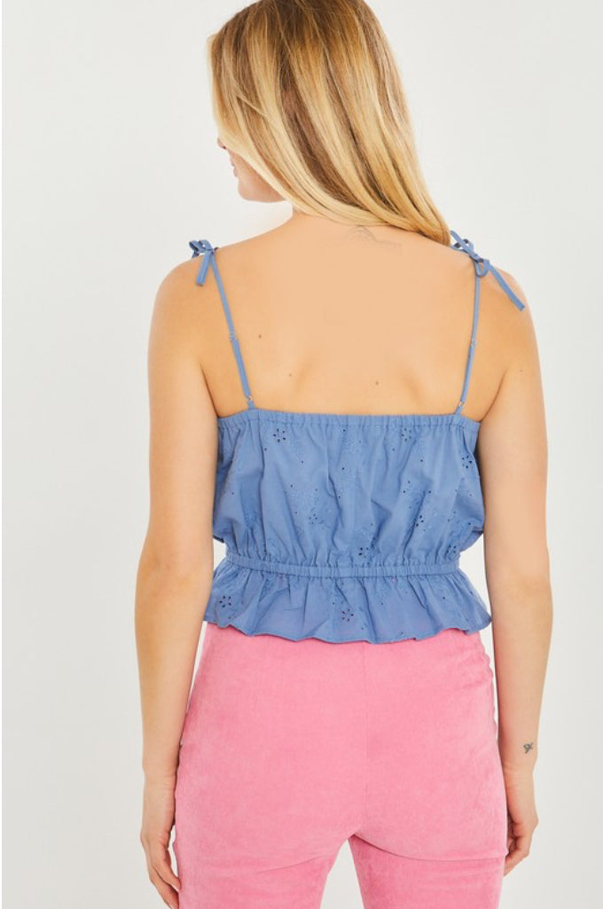 blue eyelet ruffle top