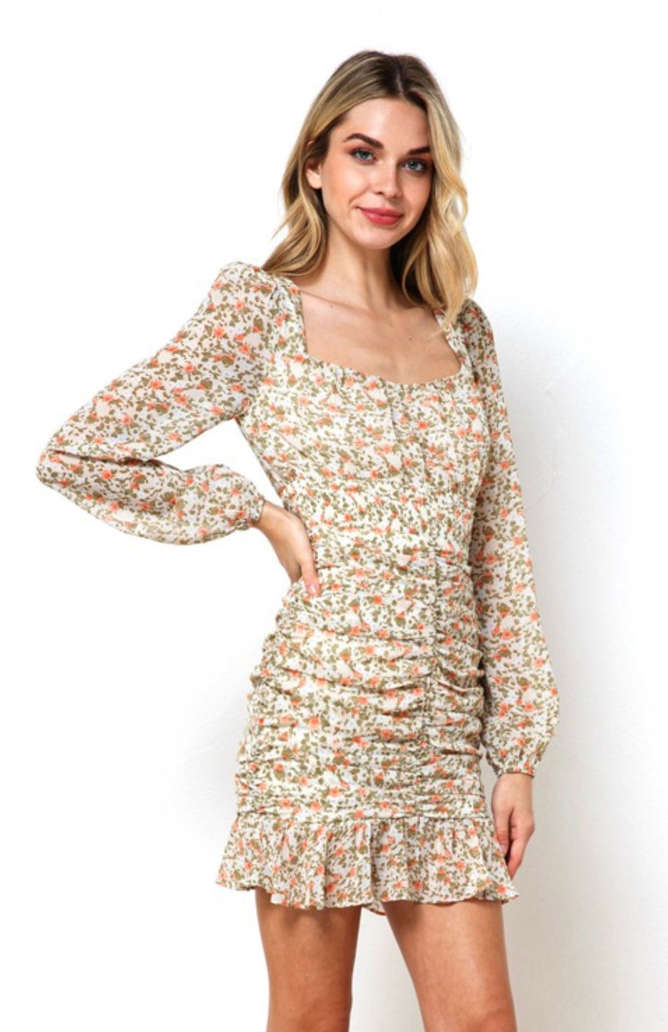 Orange Floral Ruched Dress