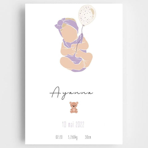 Affiche de naissance personnalisée avec le prénom, la date de naissance, le poids et la taille de bébé, idéale pour décorer la chambre de bébé