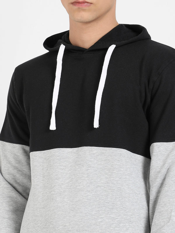 Men's Black & Grey Colourblocked Hoodie With Kangaroo Pocket