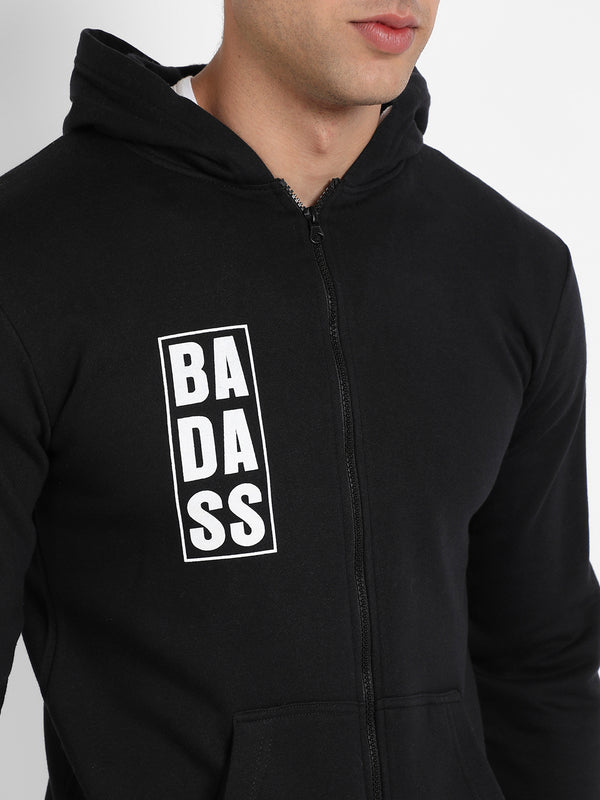 Men's Black Zip-Front Typographic Print Hoodie