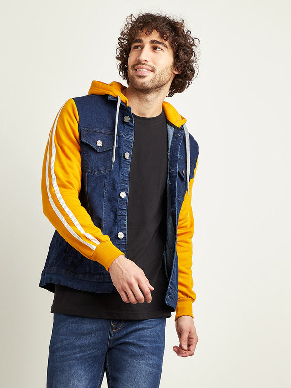 Medium-Wash Denim Jacket With Sweatshirt Sleeve