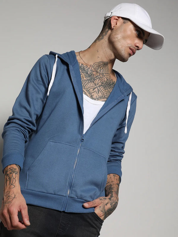 Zip-Front Hoodie With Contrast Drawstring - Azure-Blue-Zip-Front-Hoodie-With-Contrast-Drawstring-1