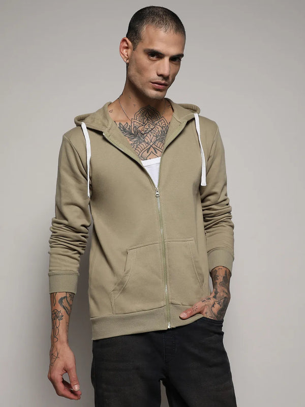 Zip-Front Hoodie With Contrast Drawstring - Beige-Zip-Front-Hoodie-With-Contrast-Drawstring-2