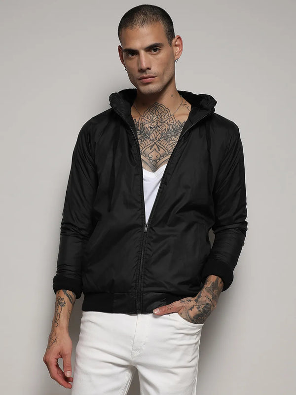 Zip-Front Jacket With Ribbed Hem - Black-Zip-Front-Jacket-With-Ribbed-Hem-2