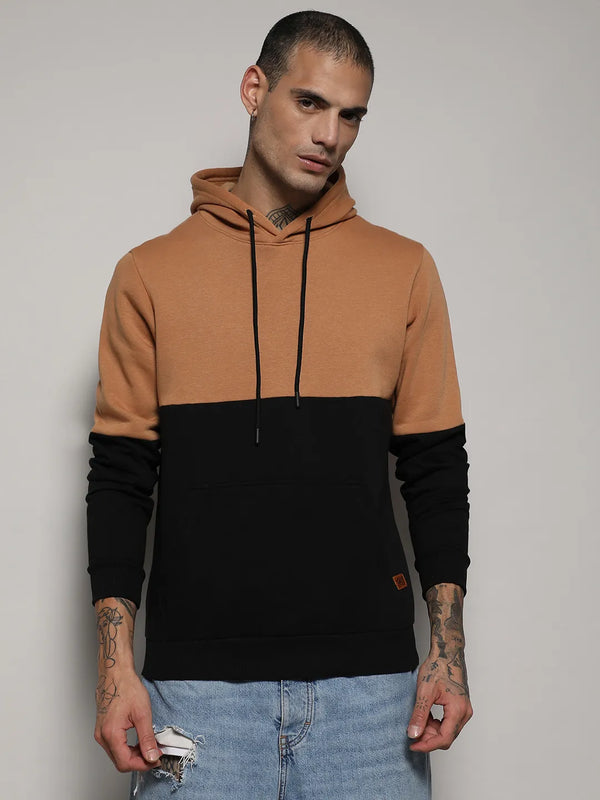 Pullover Hoodie With Ribbed Hem - Black-and-Brown-Pullover-Hoodie-With-Ribbed-Hem-2