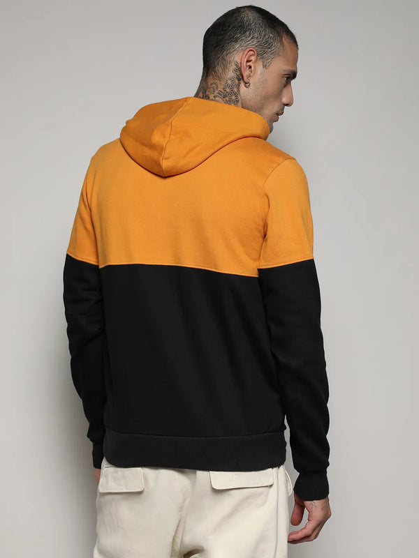 Pullover Hoodie With Ribbed Hem - Black-and-Mustard-Yellow-Pullover-Hoodie-With-Ribbed-Hem-4