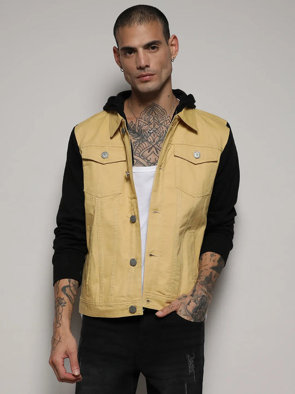 Light-Wash Denim Jacket With Sweatshirt Sleeve - Black-and-Yellow-Light-Wash-Denim-Jacket-With-Sweatshirt-Sleeve-2