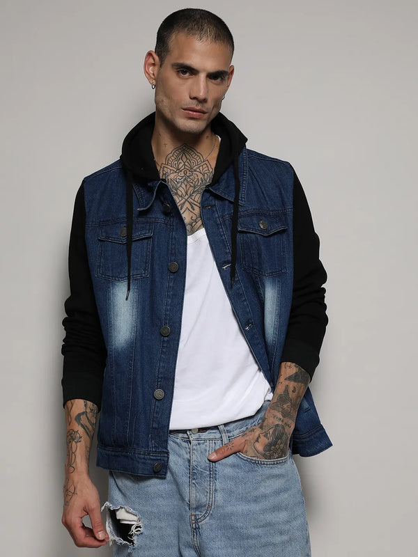 Light-Wash Denim Jacket With Sweatshirt Sleeve - Blue-and-Black-Light-Wash-Denim-Jacket-With-Sweatshirt-Sleeve-2