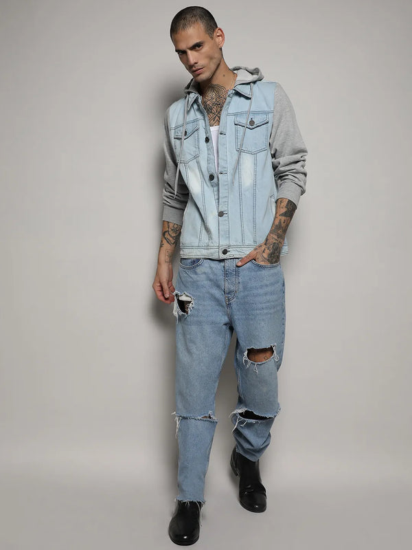 Light-Wash Denim Jacket With Sweatshirt Sleeve - Blue-and-Grey-Light-Wash-Denim-Jacket-With-Sweatshirt-Sleeve-5