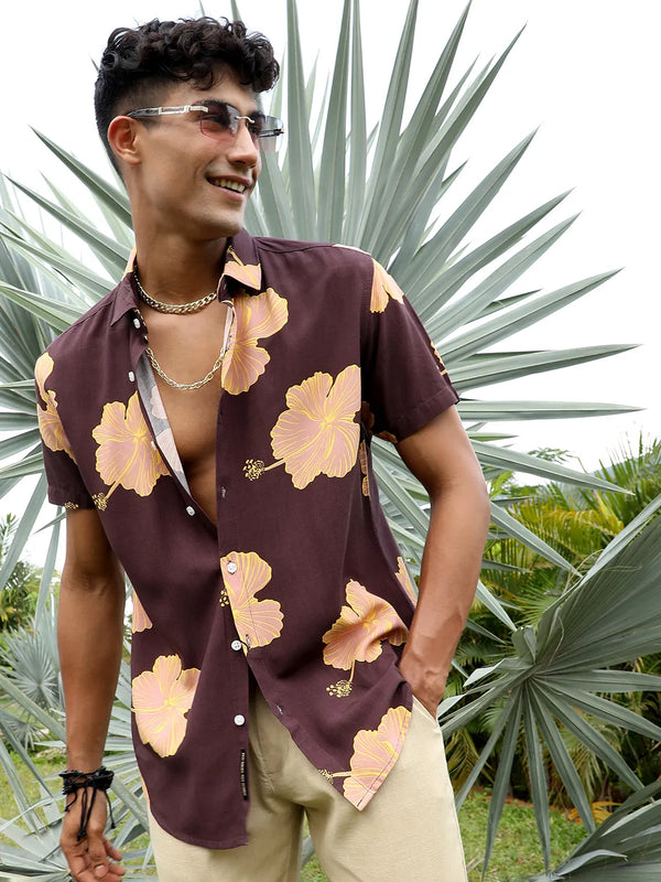 Hibiscus Print Shirt - Brown-Hibiscus-Print-Shirt-1