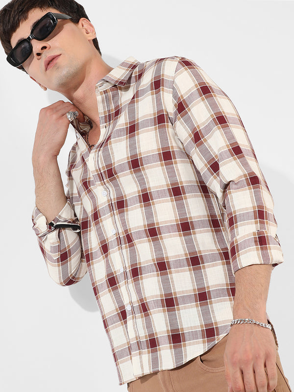 Maroon & White Checks Print Shirt