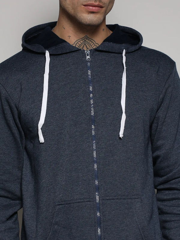 Dark Blue Zip-Front Hoodie With Contrast Drawstring