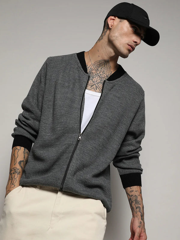 Zip-Front Knitted Jacket - Dark-Grey-Zip-Front-Sweater-With-Contrast-Hem-1