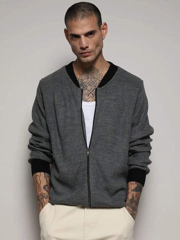 Zip-Front Knitted Jacket - Dark-Grey-Zip-Front-Sweater-With-Contrast-Hem-2