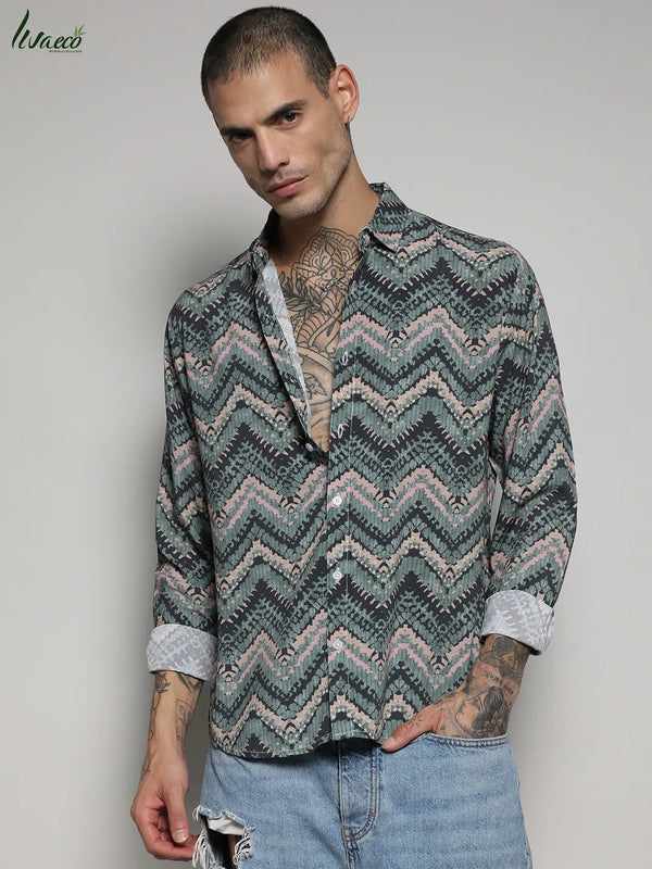 Ecoliva Abstract Zig Zag Shirt - EcoLiva-Olive-Green-Abstract-Zig-Zag-Shirt-2