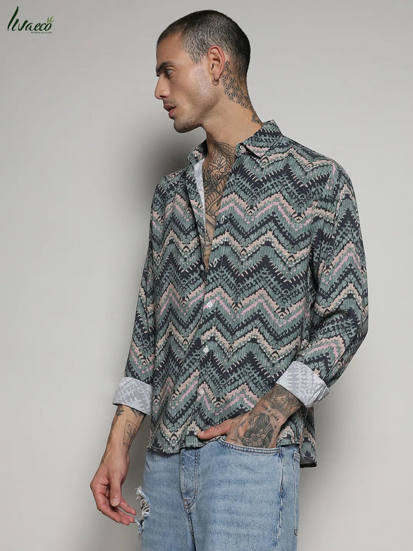 Ecoliva Abstract Zig Zag Shirt - EcoLiva-Olive-Green-Abstract-Zig-Zag-Shirt-3