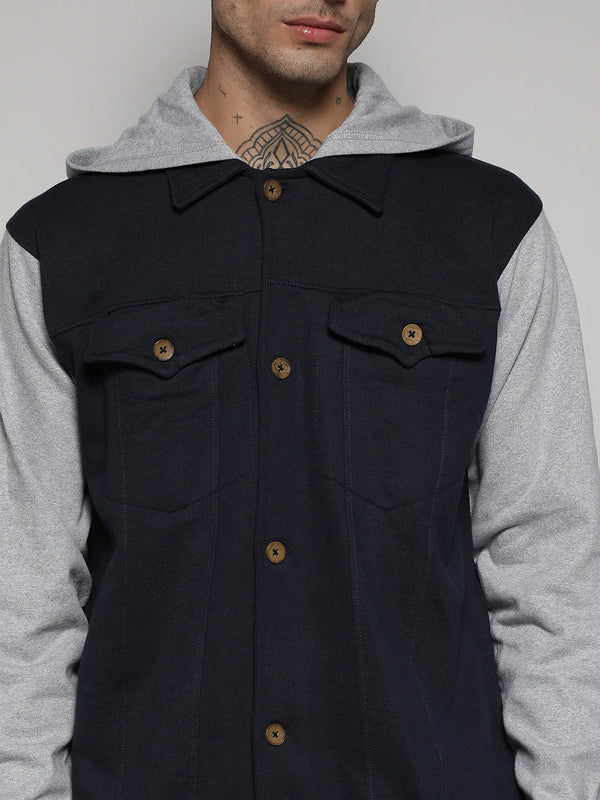 Grey & Navy Blue Button-Front Jacket With Contrast Detail