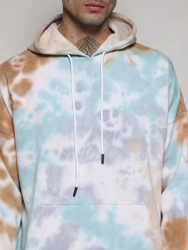 Light Blue & Brown Pastel Tie Dye Hoodie With Kangaroo Pocket