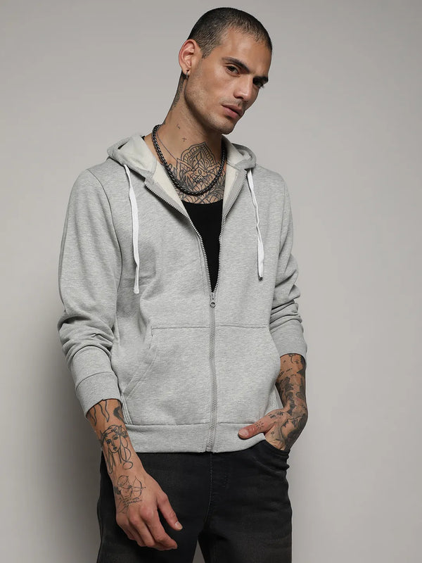 Zip-Front Hoodie With Contrast Drawstring - Light-Grey-Zip-Front-Hoodie-With-Contrast-Drawstring-2