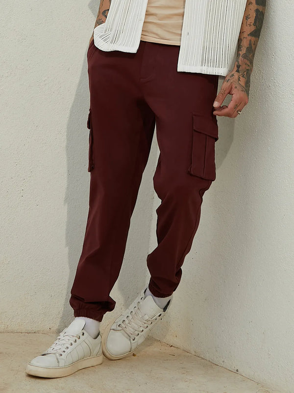 Cuffed Hem Cargo Trousers - Maroon-Cuffed-Hem-Cargo-Trousers-1