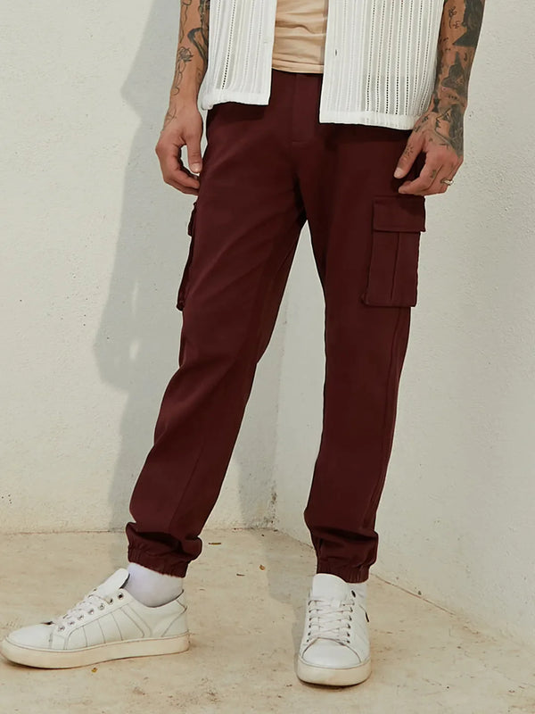 Cuffed Hem Cargo Trousers - Maroon-Cuffed-Hem-Cargo-Trousers-2