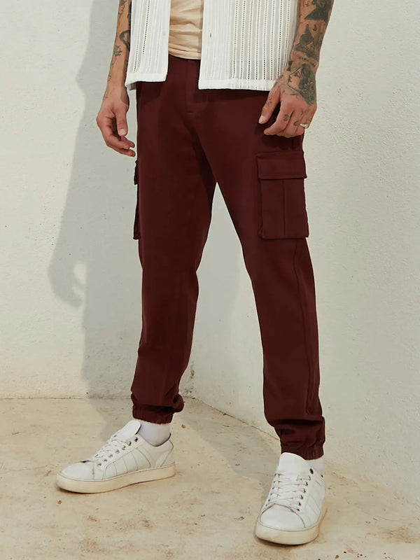 Cuffed Hem Cargo Trousers - Maroon-Cuffed-Hem-Cargo-Trousers-3