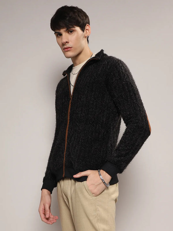 Self-Design Striped Knitted Jacket - Men-Carbon-Black-Self-Design-Striped-Sweater_3